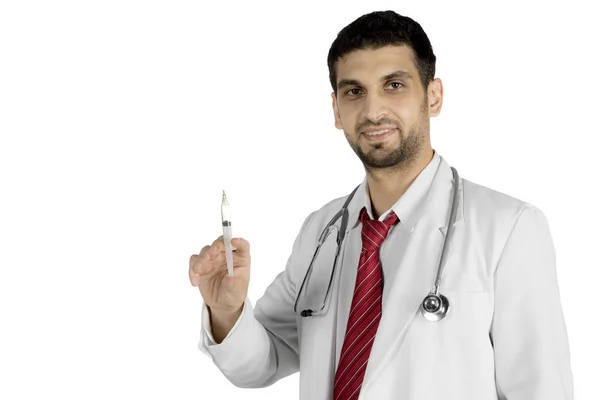 Italian doctor holding syringe on studio — Stock Photo, Image