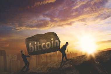 Bitcoin kelime Uçurumdaki taşıyan iki iş adamları