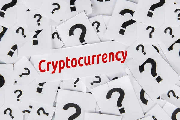 Question marks symbol with cryptocurrency word