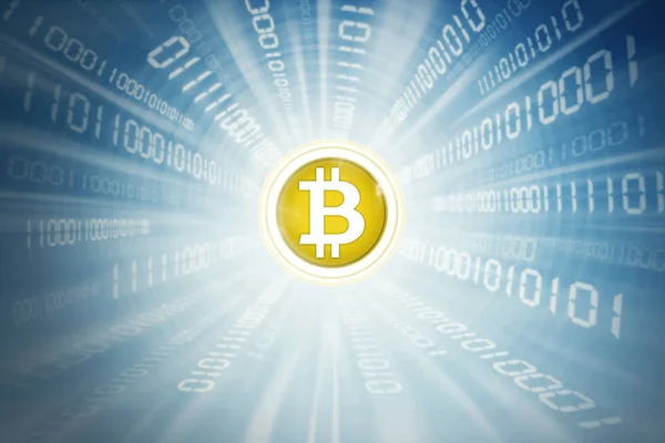 Goldener Bitcoin im Binärcode — Stockfoto