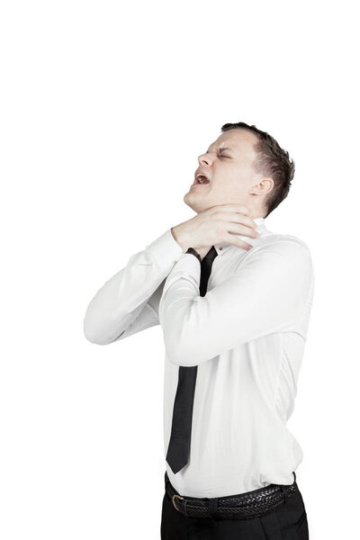 European businessman choking himself