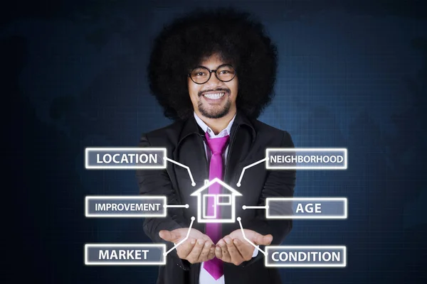 Afro hombre de negocios mostrando iconos de valor de propiedad — Foto de Stock