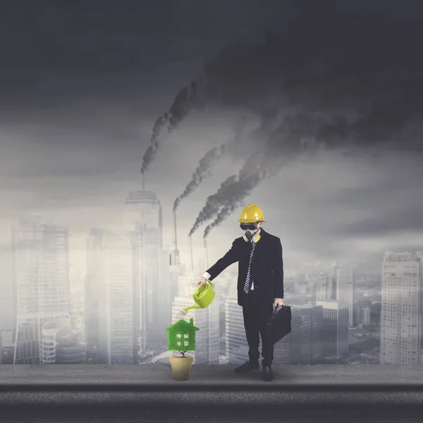 Young businessman watering a plant — Stock Photo, Image