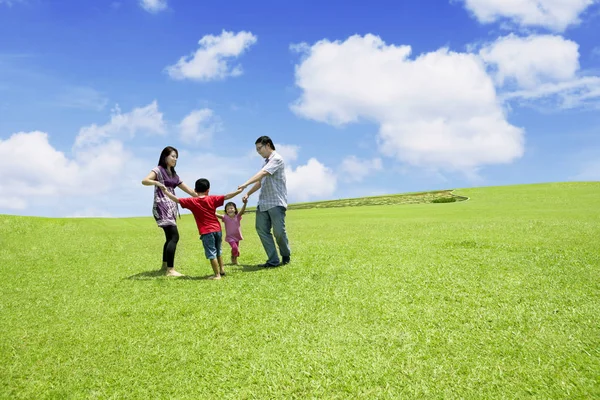 Les parents s'amusent avec leurs enfants dans la prairie Image En Vente
