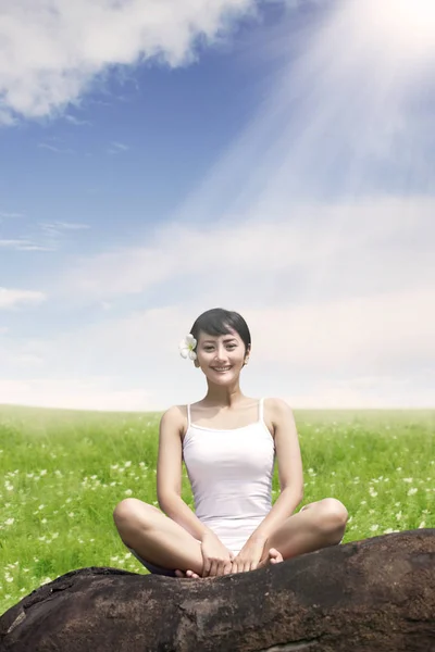 Mulher asiática desfrutando ao ar livre sentado na rocha no prado contra o céu azul — Fotografia de Stock