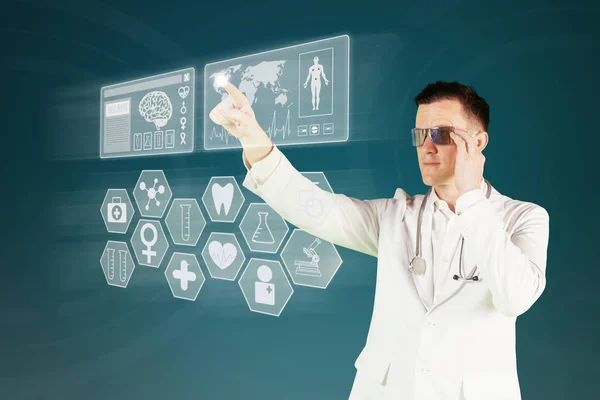 American doctor pressing a virtual button — Stock Photo, Image