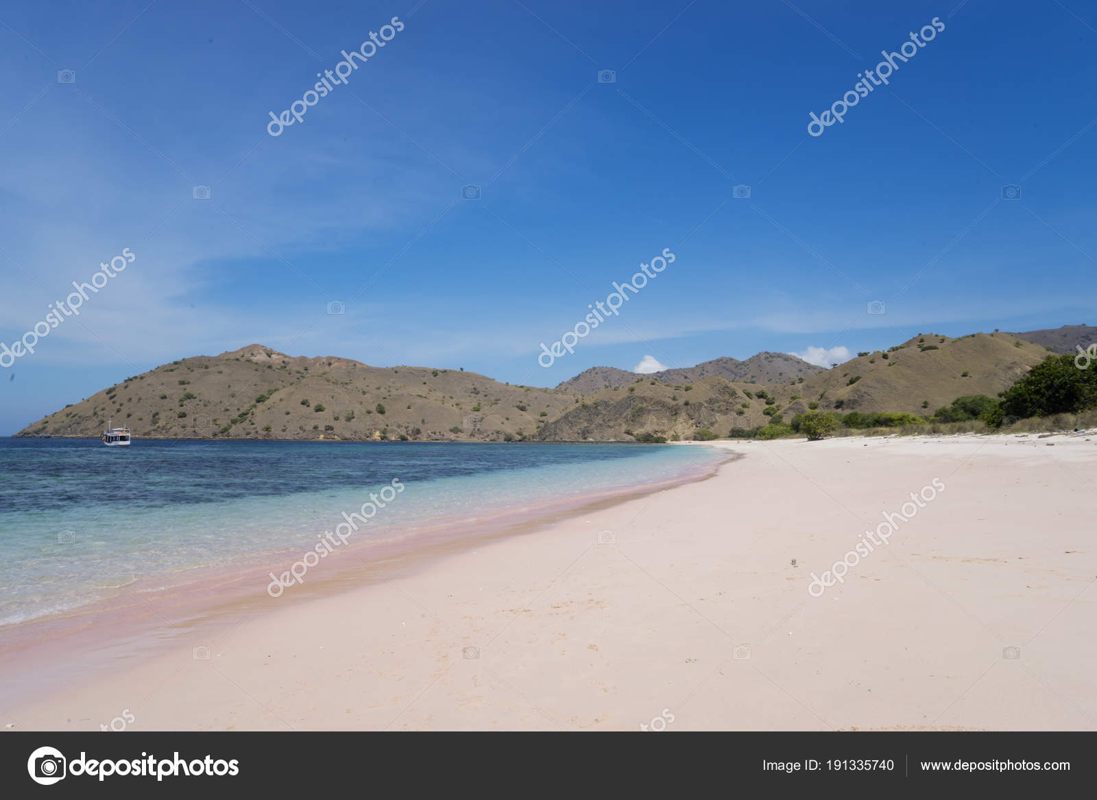 Bellissima Spiaggia Rosa Sotto Cielo Blu Foto Stock