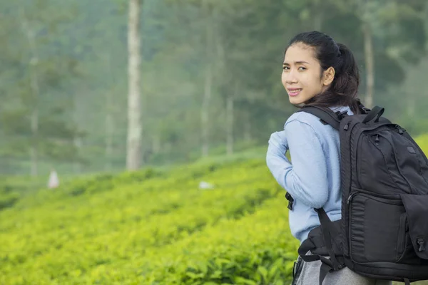 Schöne Wanderin steht in der Teeplantage — Stockfoto