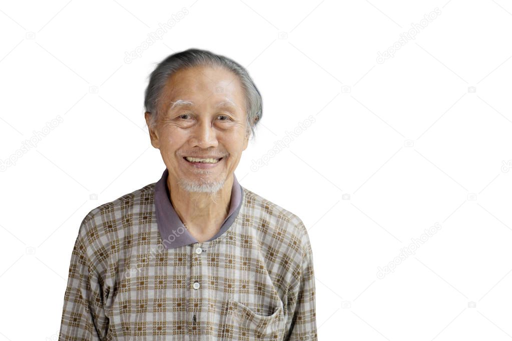 Asian old man smiling at camera in studio