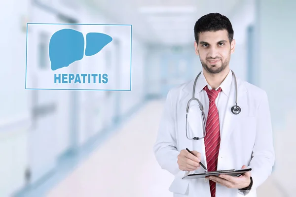 Italian male doctor with hepatitis word — Stock Photo, Image