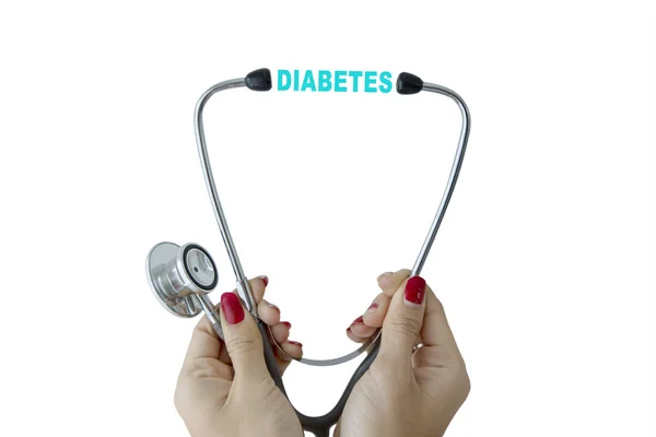 청진 기 및 당뇨병 단어로 여성 의사 — 스톡 사진