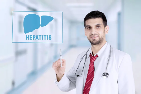 Arabian doctor with injection and hepatitis word — Stock Photo, Image