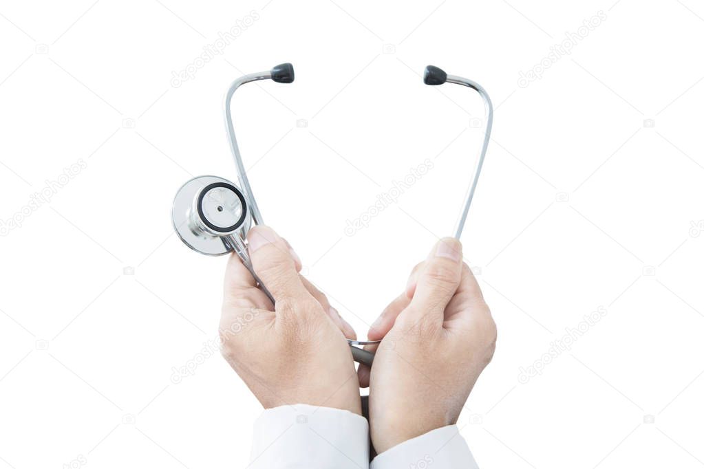 Hands of male doctor holding a stethoscope