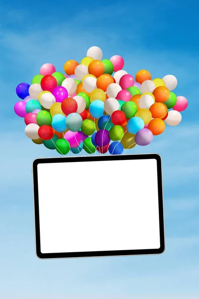 Globos coloridos con cartelera en blanco en el cielo —  Fotos de Stock