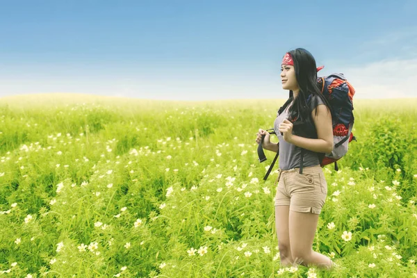 Asian woman carrying backpack in the flower field — Stock Photo, Image