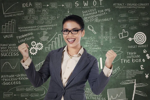 Successful business woman with arms up — Stock Photo, Image