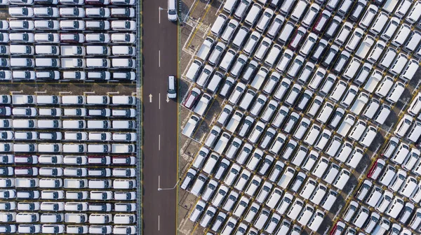 Filas de coches nuevos aparcados en el puerto — Foto de Stock