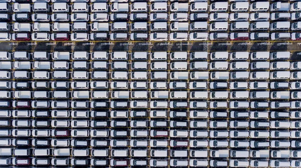 Multitud de coches nuevos aparcados en filas — Foto de Stock
