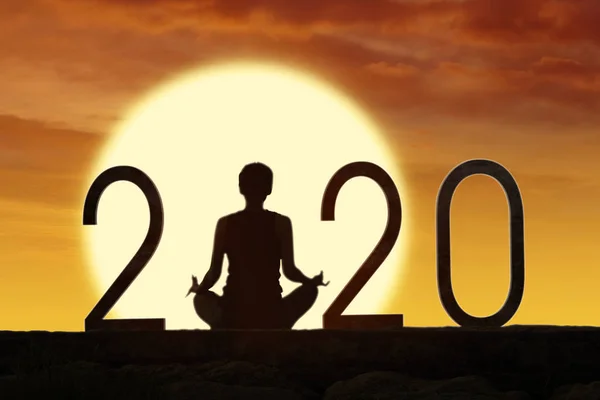 Silhouette woman practice yoga with number 2020 — Stock Photo, Image