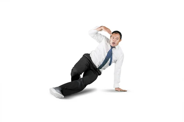 Businessman with break dancing move isolated over white — Stock Photo, Image