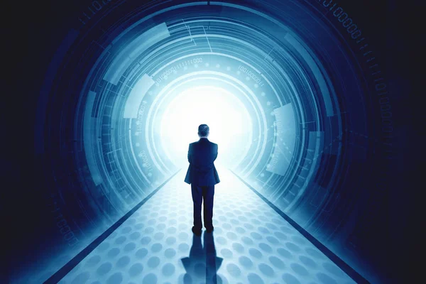 Veduta posteriore dell'uomo d'affari in piedi di fronte a un tunnel futuristico — Foto Stock