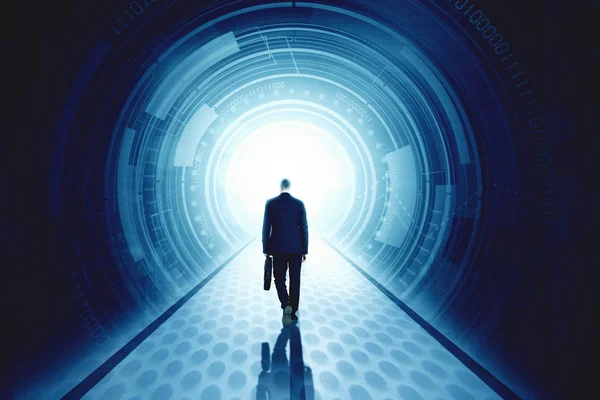 Achteraanzicht van zakenman loopt een futuristische tunnel in — Stockfoto