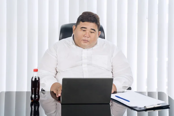 Gros homme d'affaires travaillant à son ordinateur portable sérieusement — Photo