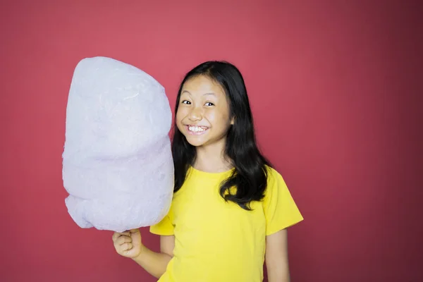 Menina sorrindo para cam enquanto segurando um algodão doce — Fotografia de Stock