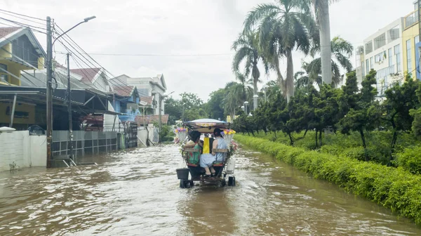 Carro de caballos con pasajeros cruzando la inundación —  Fotos de Stock