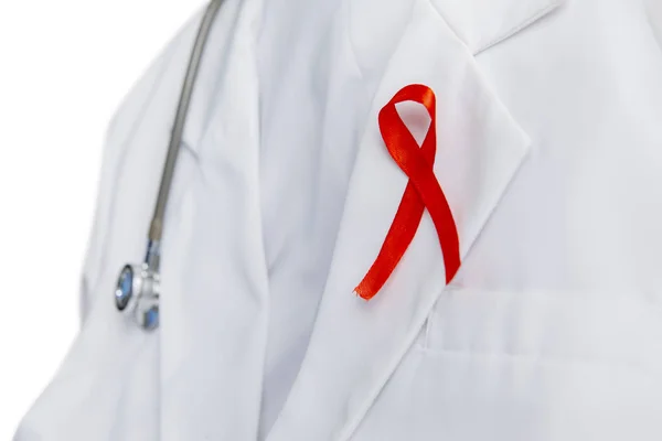 Closeup of red ribbon on collars of a lab coat — Stock Photo, Image