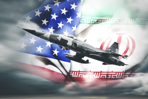 Samoloty odrzutowe z tłem flagi Usa i Iranu — Zdjęcie stockowe