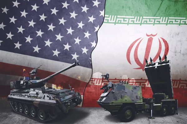 Czołg i lotniskowiec w Usa i Iranie flagi — Zdjęcie stockowe