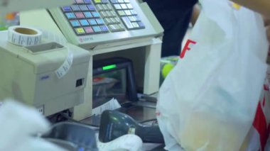 JAKARTA, Indonesia - May 21, 2019: Closeup of cashier hand counting the buyer groceries on the cashier machine in supermarket