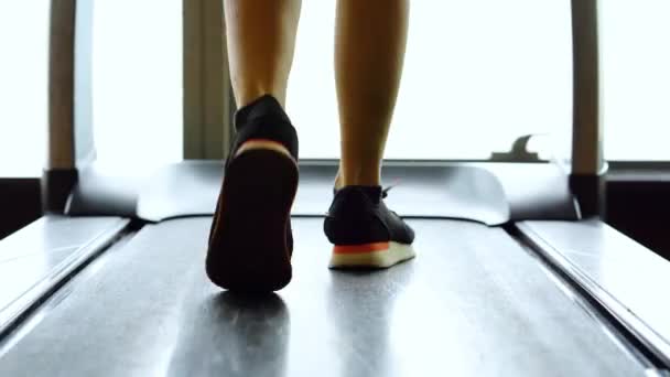 Closeup Muscular Woman Feet Running Treadmill While Doing Workout Fitness — Stock Video