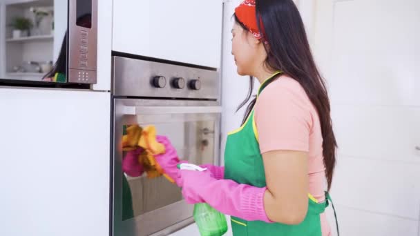 Mooie Huisvrouw Die Een Oven Schoonmaakt Met Een Stofdoek Thuis — Stockvideo