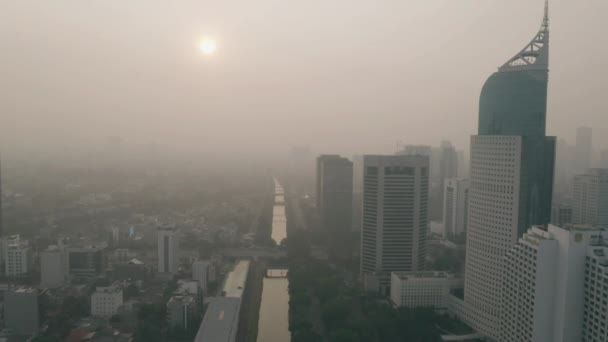 Vackra Flygfoto Över Skyskrapor Tower Jakarta Stad Med Orange Himlen — Stockvideo