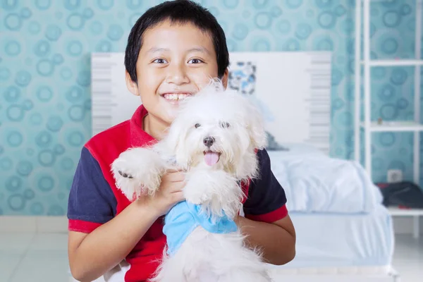 彼の寝室で彼のかわいい白いボローニャ犬を運びながら カメラで微笑む愛らしいアジアの少年の肖像画 — ストック写真