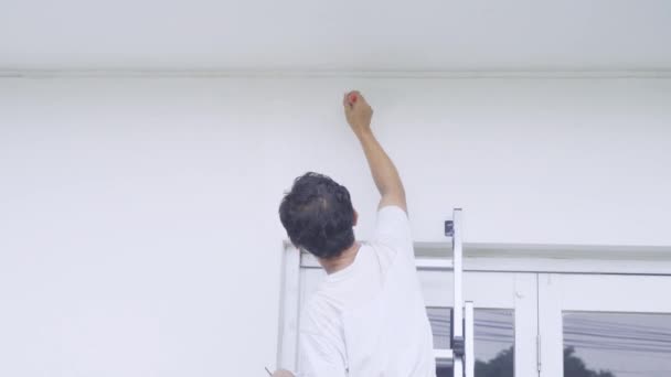 Painter Man Hand Using Paintbrush Paint Wall — Stock Video