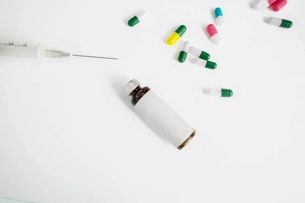 Health Medicine Concept Medical Stethoscope Syringe Bottle Copy Space Pills — Stock Photo, Image
