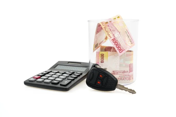 Glass Jar Filled Rupiah Papers Calculator Car Key Isolated White — Stock Photo, Image
