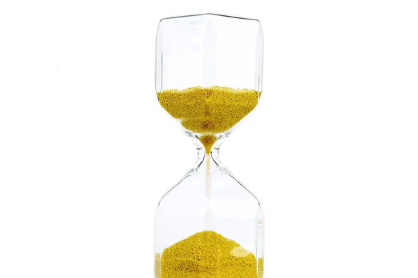 Transparent Sand Clock Hourglass Golden Sand Studio Isolated White Background — Stock Photo, Image