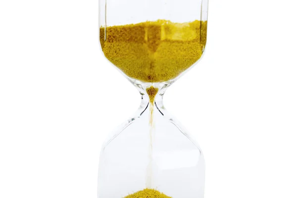 Transparent Sandglass Hourglass Running Golden Sand Isolated White Background — Stock Photo, Image