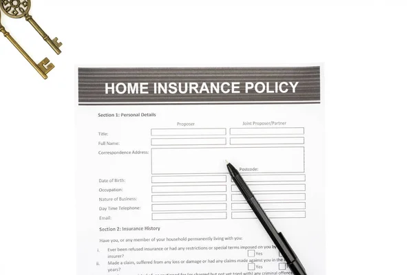 Flat layout of home insurance policy document paper beneath a pen, isolated in white background with keys at the corner