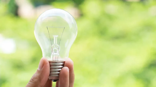 Closeup Hand Holding Light Bulb Blurred Green Trees Background — Stock Photo, Image