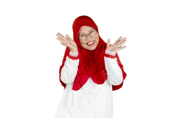 Portrait Cheerful Old Woman Wearing Red Veil Smiling Camera Isolated — Stock Photo, Image