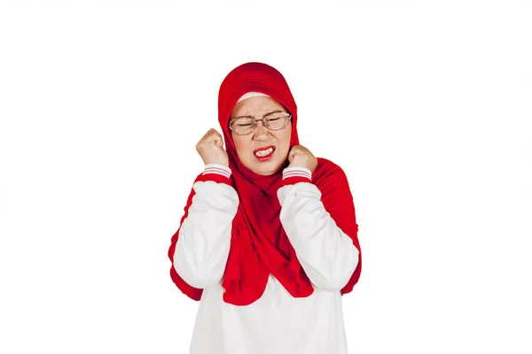 Portrait Senior Muslim Woman Looks Angry While Standing Studio Isolated — Stock Photo, Image