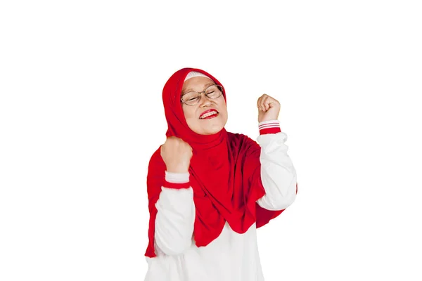 Portrait Senior Muslim Woman Celebrating Her Successful While Raising Hands — Stock Photo, Image