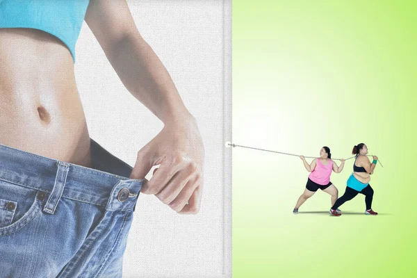Picture Two Obese Women Pulling Together Banner Slim Belly While — Stock Photo, Image