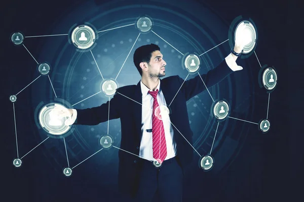 Businessman Working Social Network Connection Virtual Screen — Stock Photo, Image