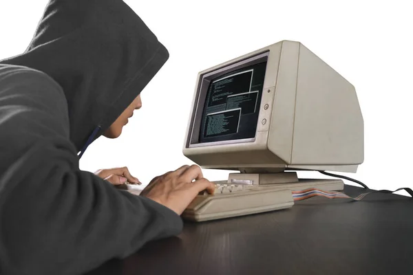 Picture Male Hacker Trying Steal Information System While Looking Computer — Stock Photo, Image